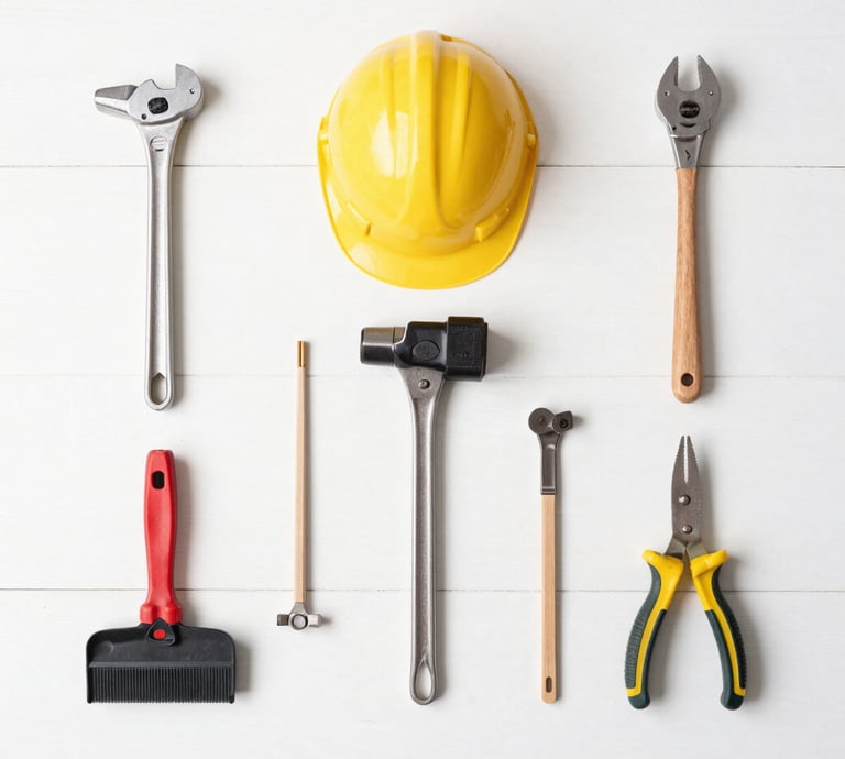 A close-up of a sturdy multi-tool with various attachments laid out on a wooden surface.