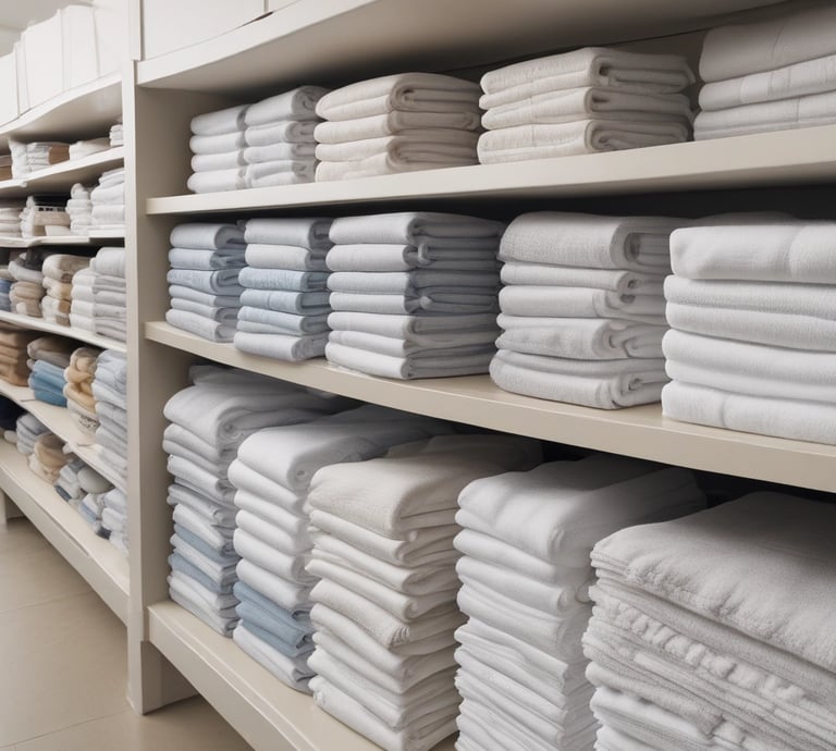 Laundry staff folding crisp white linens in a hotel laundry room.