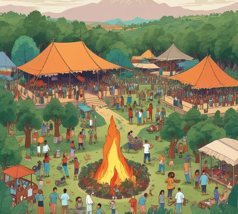 A vibrant outdoor festival scene with a historic house, lush greenery, and a lively crowd enjoying music and crafts.