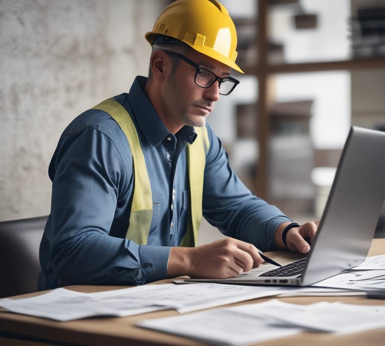 A focused remodeler collaborating over a digital marketing strategy on a laptop screen.