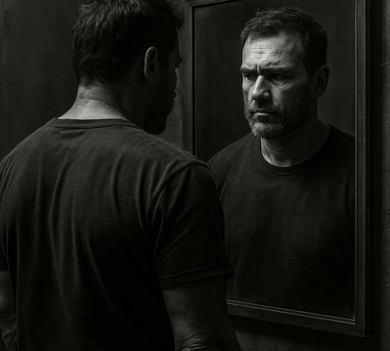 Man seeing his reflection, representing transformation and purpose at Aquifer Springs