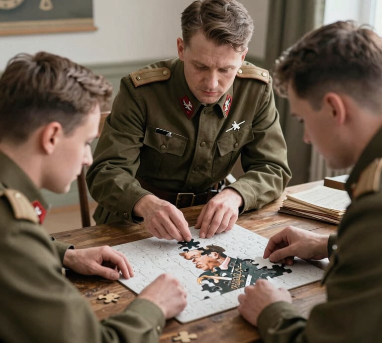 A striking display of military-style jackets with bold medals and insignias.