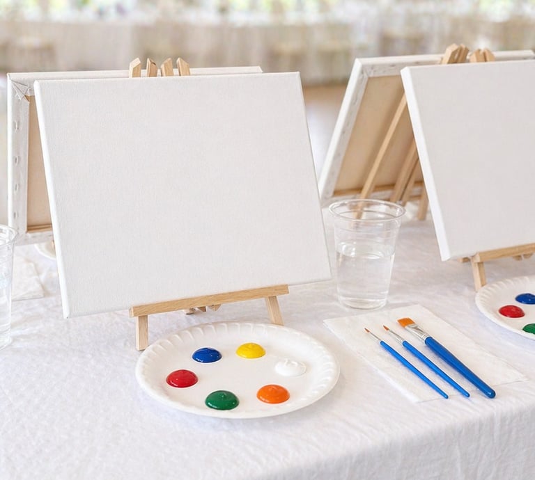 Paint party set up with canvases, paint brushes, paint, and water cups
