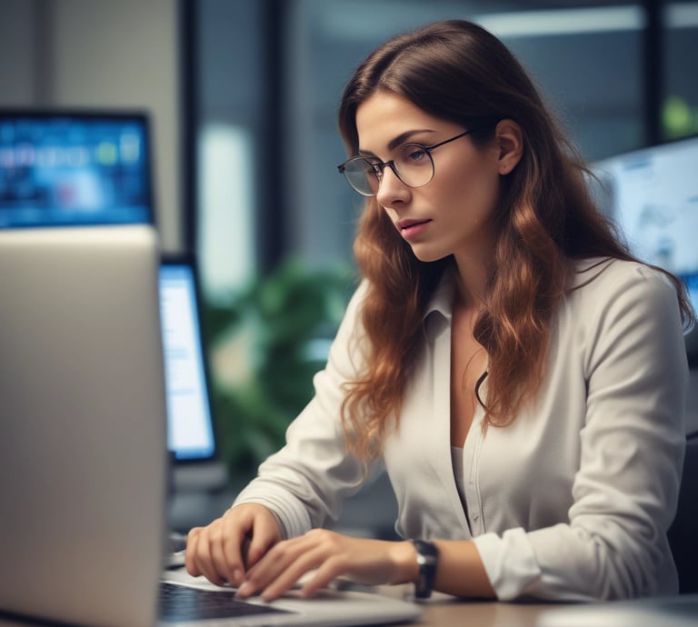 A friendly team collaborating over laptops in a bright, modern office space.