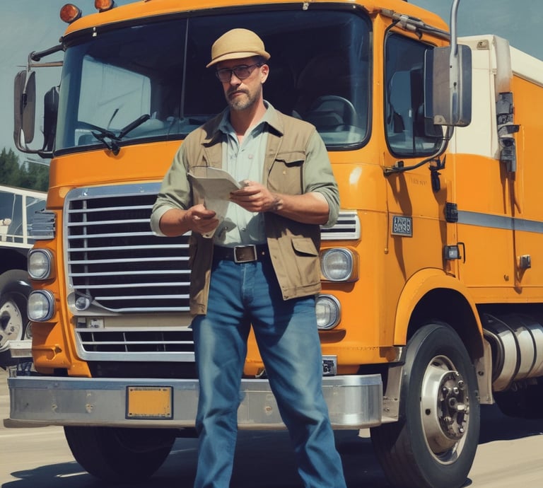 A friendly compliance specialist assisting a truck driver with paperwork in a bright office.