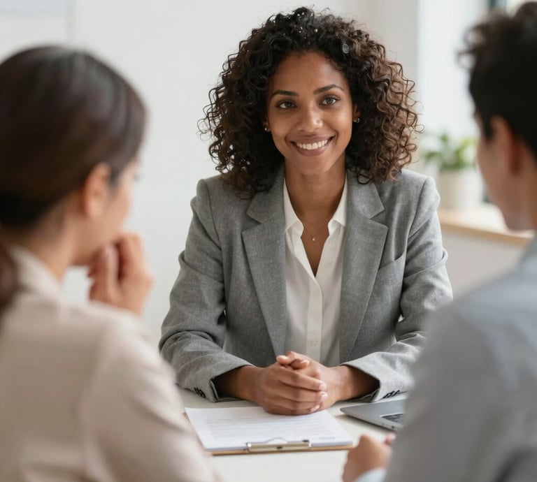 A determined professional reassuring a relieved client in an office setting.