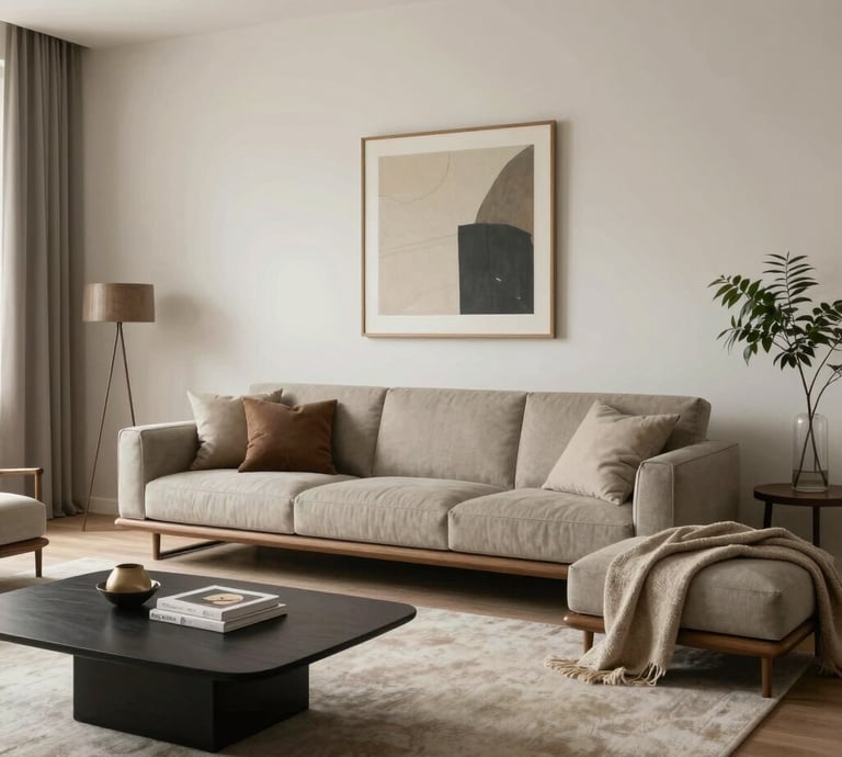 A serene living room showcasing Vitaluxe's sleek, handcrafted furniture bathed in natural light.