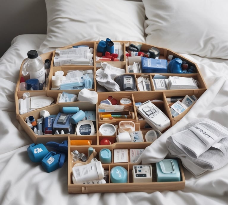 A cozy scene of a child’s colorful diabetes supplies neatly arranged on a bedside table.
