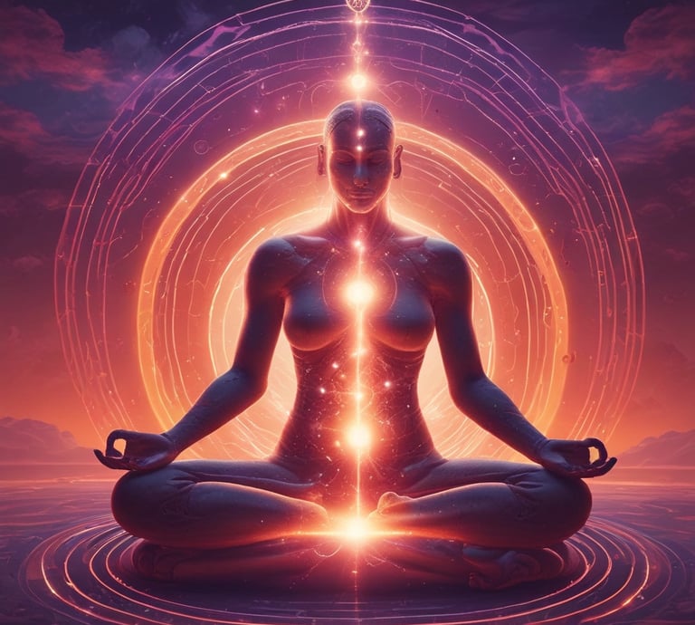 A serene figure meditating surrounded by soft glowing orbs of light in a peaceful natural setting.