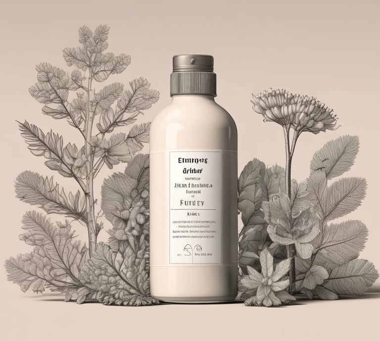A warm, inviting image of natural wellness products arranged with fresh leaves and flowers