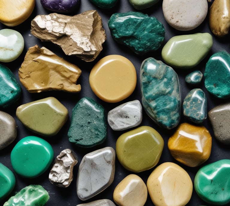 A neatly arranged collection of fashion accessories, including a beige handbag with a metallic clasp and tassel, a small plush teddy bear with a burgundy ribbon, and a pair of black-framed eyeglasses. The items rest on a textured background with floral patterns and typography. Several pieces of jewelry, such as rings, earrings, and a black bracelet, are placed on a magazine with a glossy page featuring more accessories.