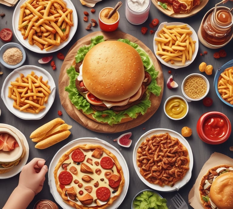 A vibrant spread of shawarma, burgers, pizza, fries, momos, samosas, and a steaming cup of tea on a yellow table.
