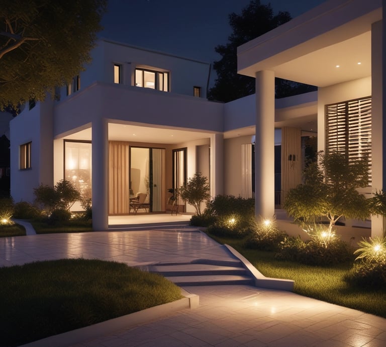 Modern Californian villa illuminated at dusk showcasing elegant outdoor lighting and smart home features.