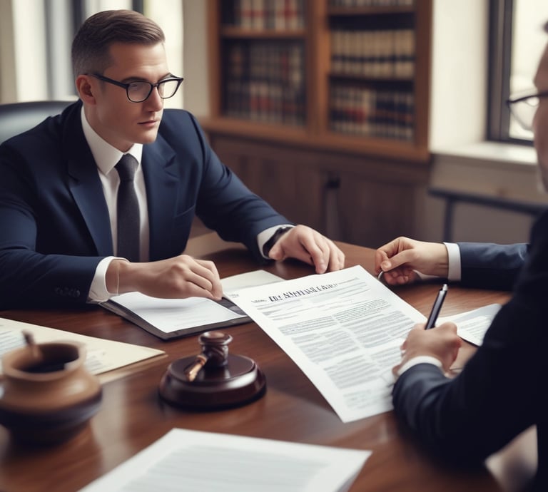 A welcoming office space with legal books and a friendly attorney consulting with a client.