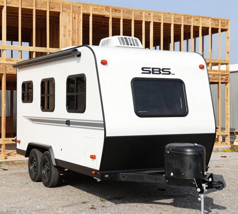 A sleek, dark teal and safety orange branded travel trailer parked at a rugged job site under a clear sky.