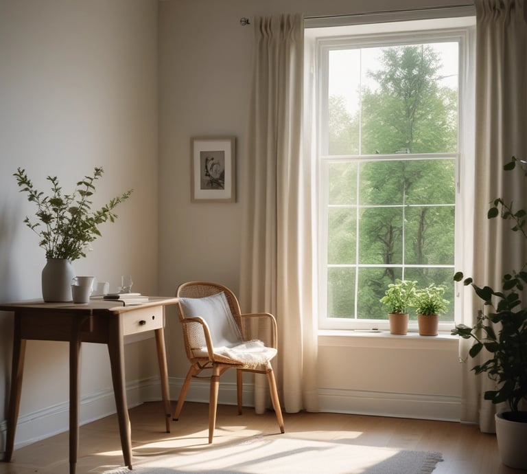 Cozy living room bathed in soft winter light with warm blankets and a glowing candle.