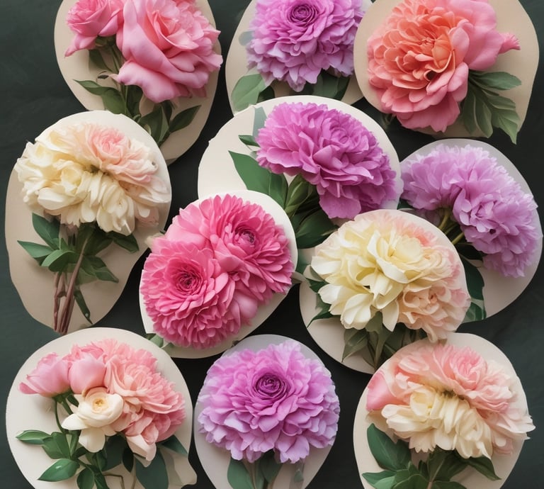 Close-up of a large artificial flower bouquet with bold reds and yellows, showcasing detailed petals and leaves.