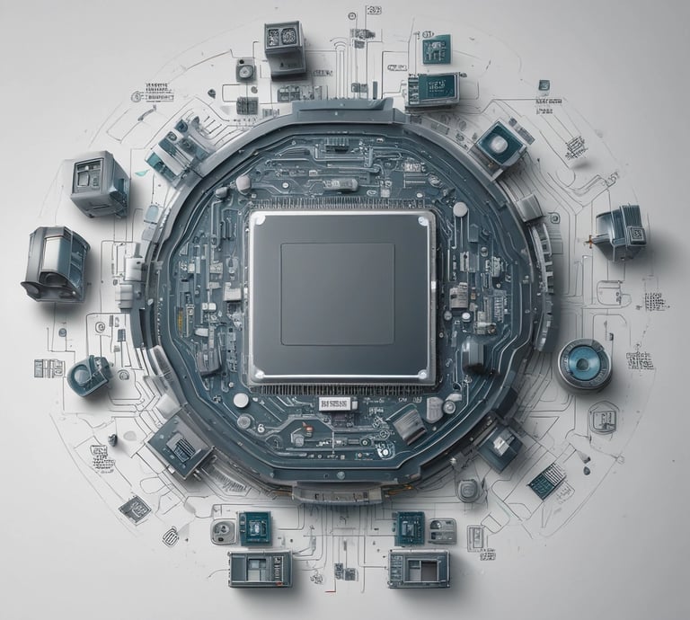 Close-up of a custom embedded circuit board glowing with blue and green LED indicators.