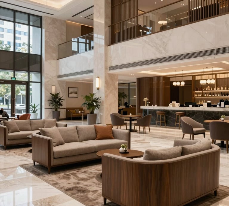 A confident hotel manager reviewing performance charts with an owner in a bright, modern lobby.