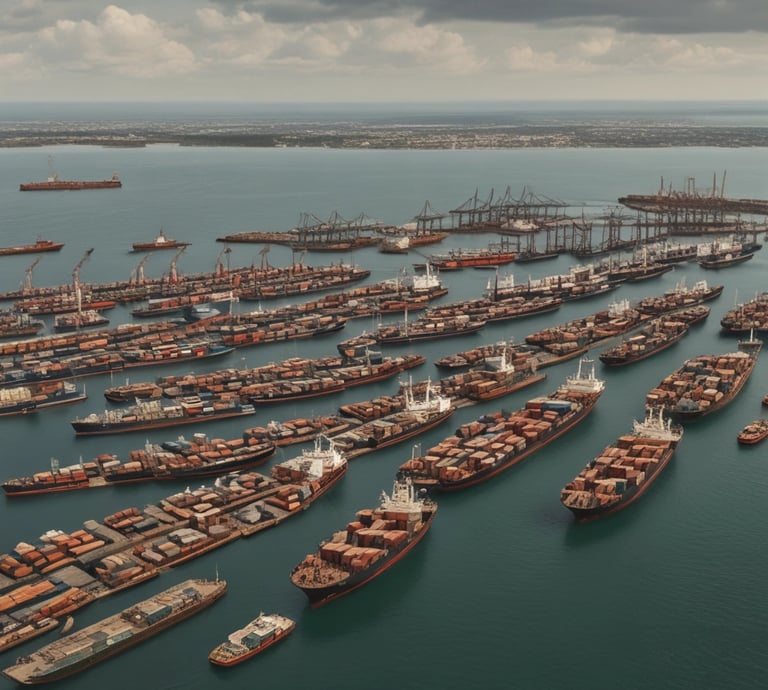 A bustling Ghanaian portyard at sunset with containers stacked high and a cargo ship being loaded.