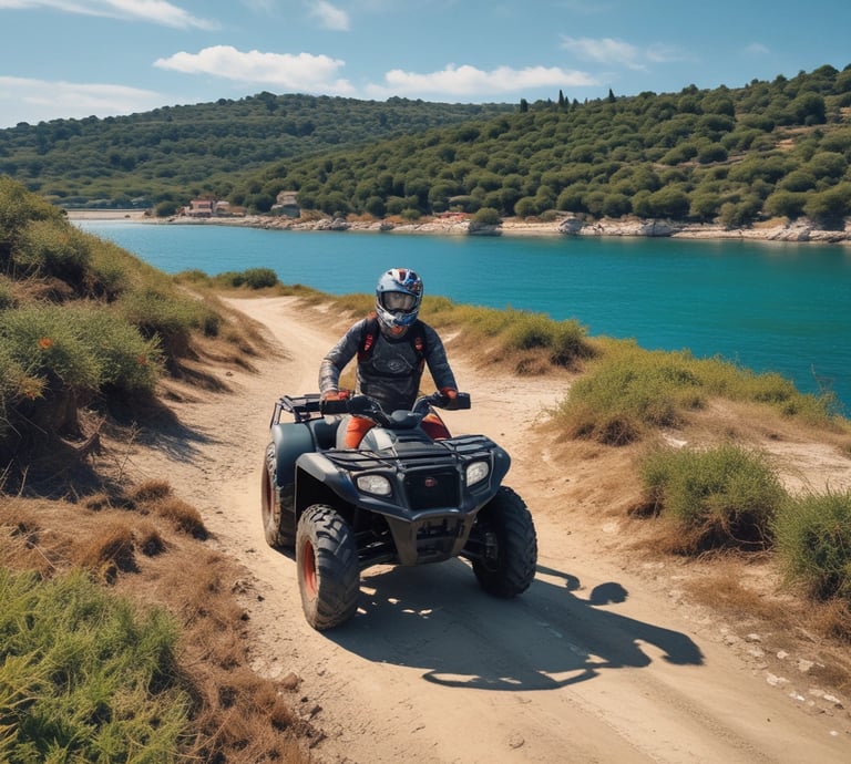 A group of colorful bicycles parked near a sunny beach on the island of Rab, ready for riders.
