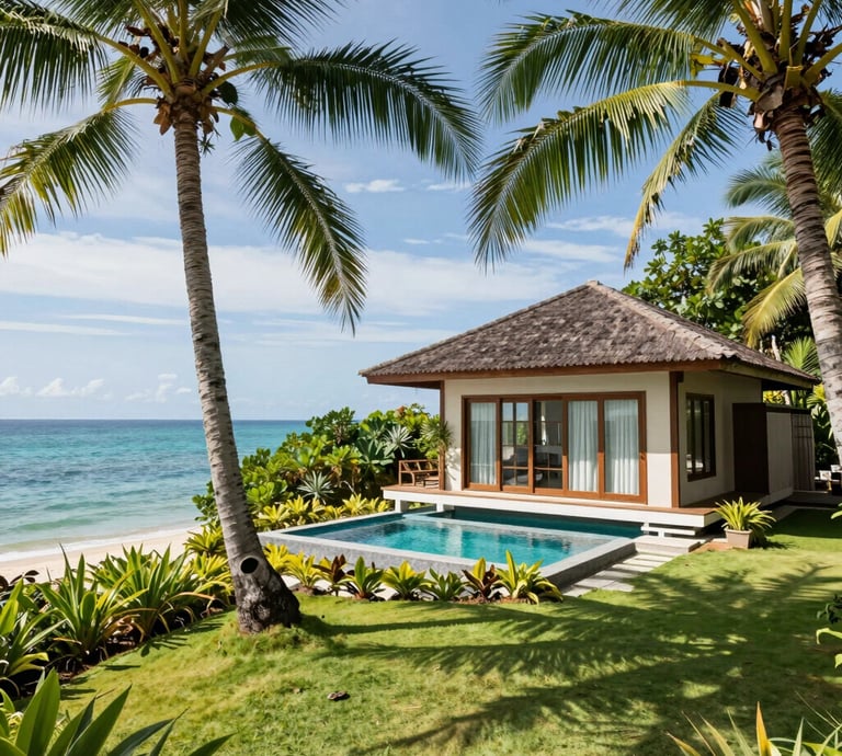 Elegant villa with tropical garden at sunset on Phuket island.
