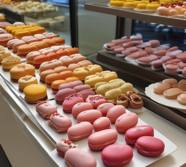 Cozy bakery interior with warm beige tones and elegant black accents highlighting fresh pastries.