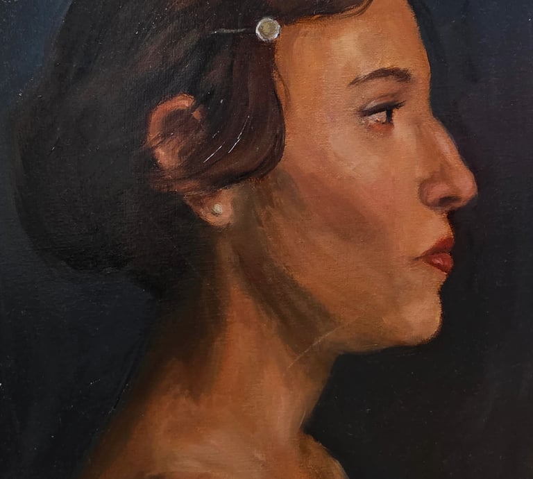 a painting of a woman, side profile, hair in a bun, with a hairclip and earring. 