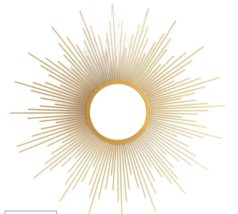 Round gold sunburst wall mirror with elegant metallic rays for modern home decor.