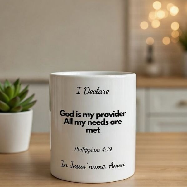 White ceramic mug with an inspirational message displayed in a cozy lifestyle setting.
