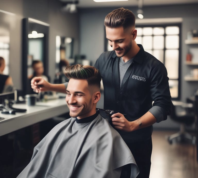 A stylish male model with a sharp fade haircut in a luxurious black and gold salon setting.