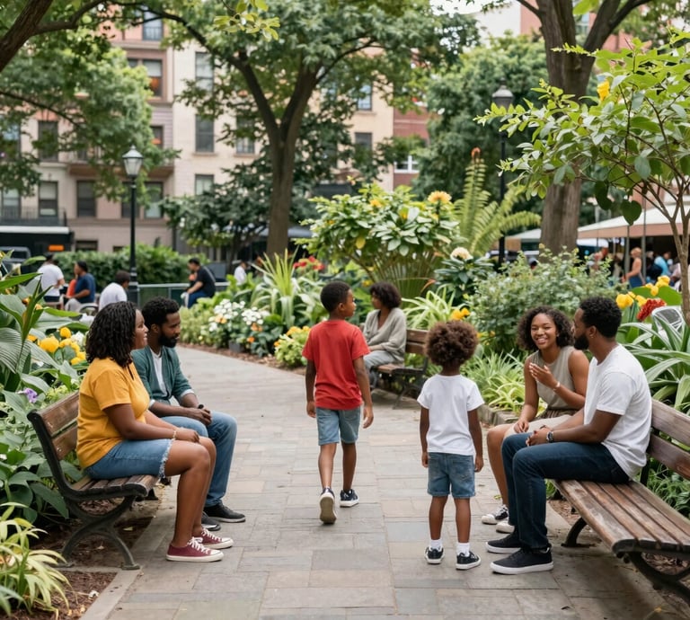 create a image of family with children with older people in a lush garden with paved pathways 