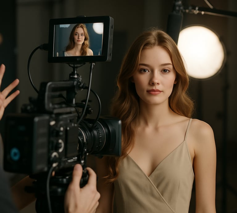 A lively group of diverse actors and crew members collaborating on set, sharing smiles and scripts.