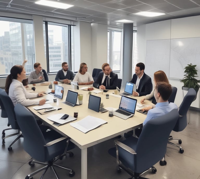 Team of diverse IT professionals collaborating in a modern office space.