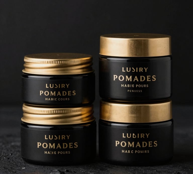 Close-up of premium men's pomade jars with elegant black and gold labels arranged on a sleek black surface.