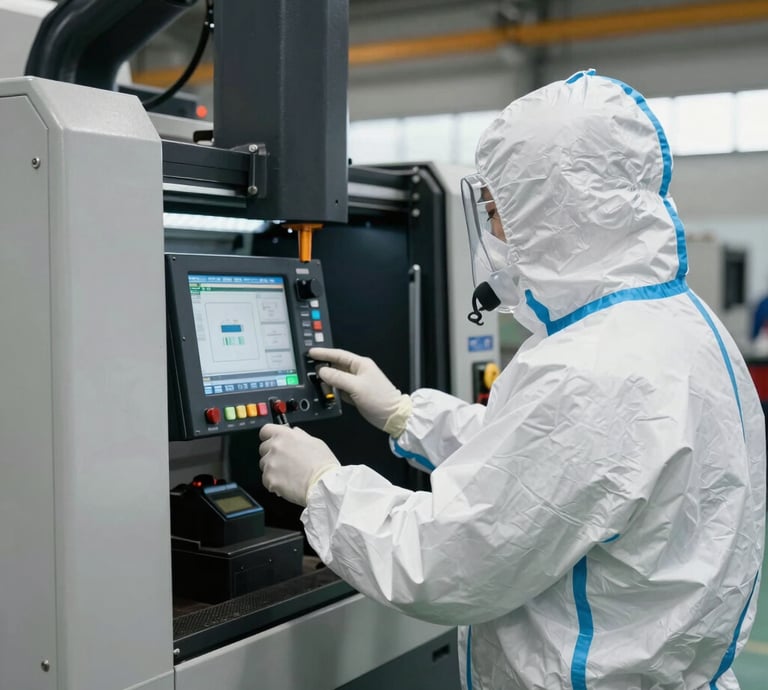 Industrial technician installing electronic equipment in a factory setting.