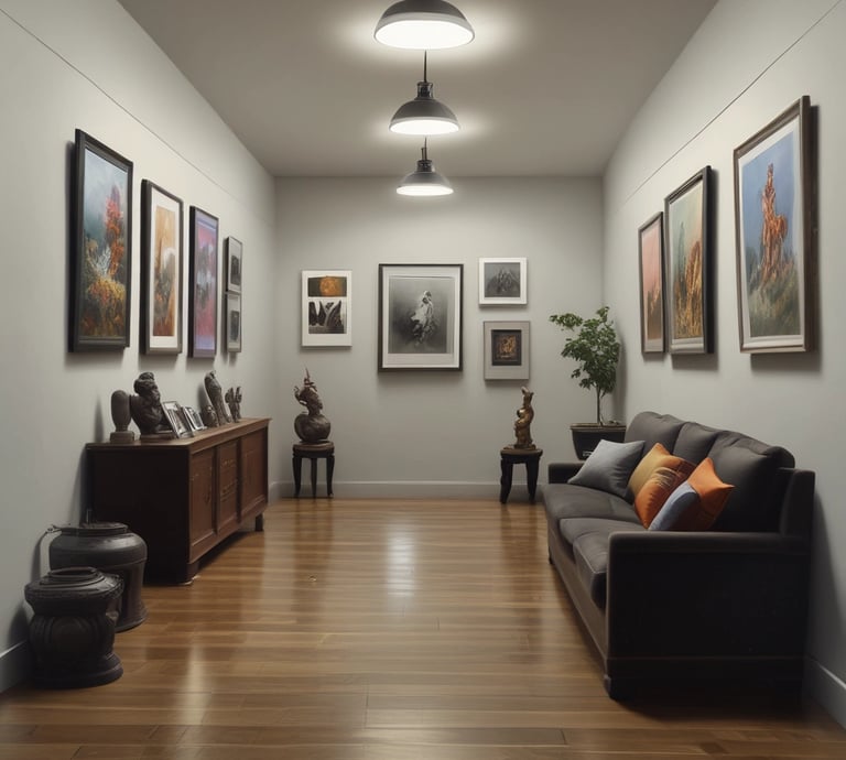 A warmly lit gallery space with paintings displayed and visitors admiring the art.