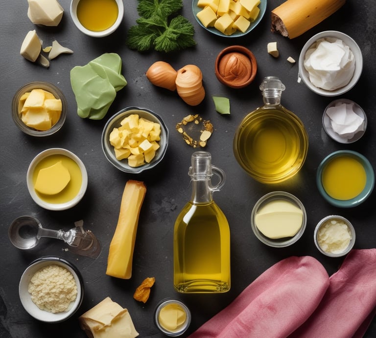 A vibrant display of assorted skincare creams in elegant jars with natural ingredients around them.