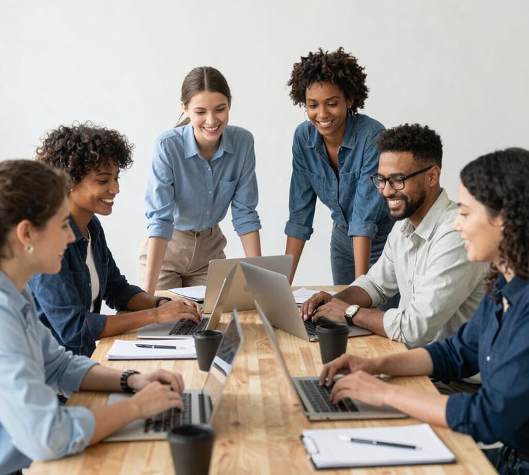 Diverse team of smiling casual professionals collaborating in a productive office meetin
