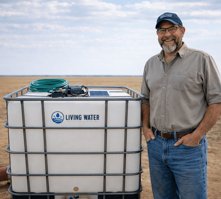 Guy standing next to a Living Water bioreactor