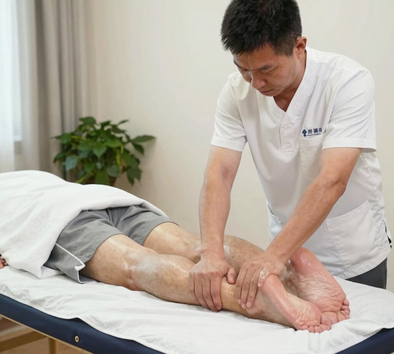 A warm, inviting photo of a registered massage therapist gently working with a smiling elderly client in a cozy home setting.