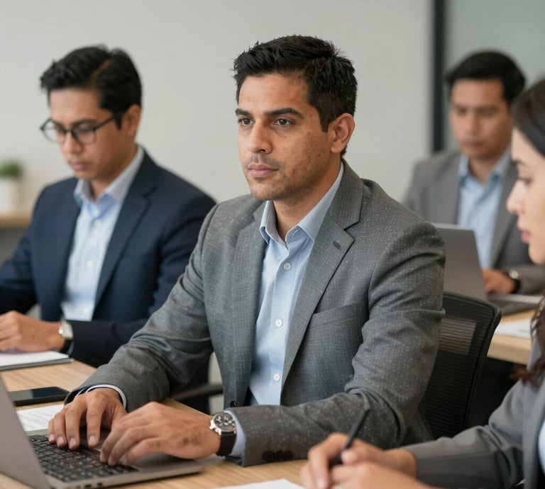A confident business team collaborating around a laptop in a modern office.