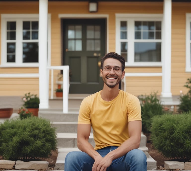 A happy homeowner shaking hands with a friendly Ontimeoffers agent in front of a sold house.
