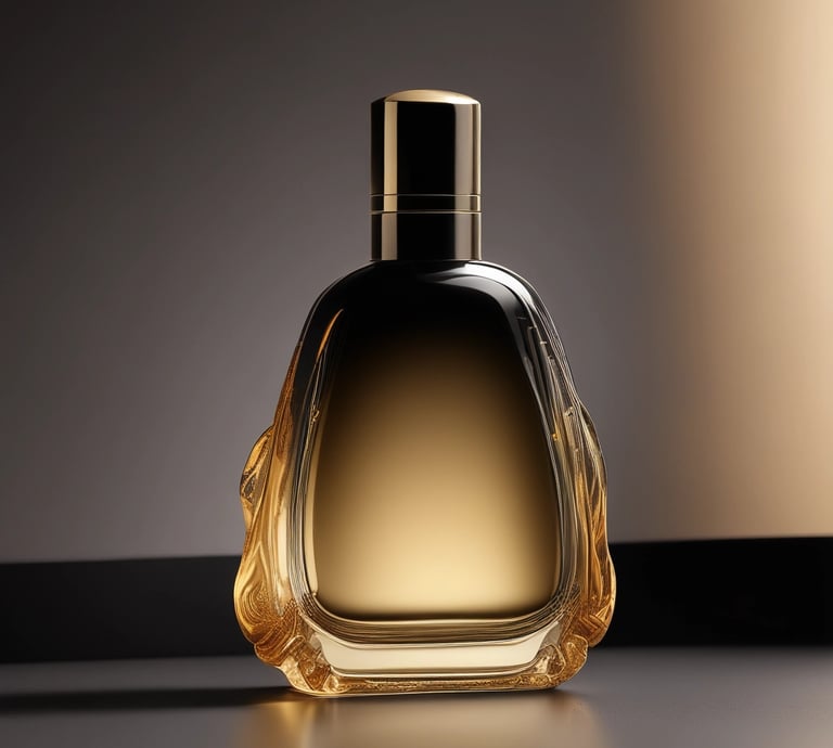 A sleek glass perfume bottle with soft smoke curling around it against a muted gold and deep black gradient background.