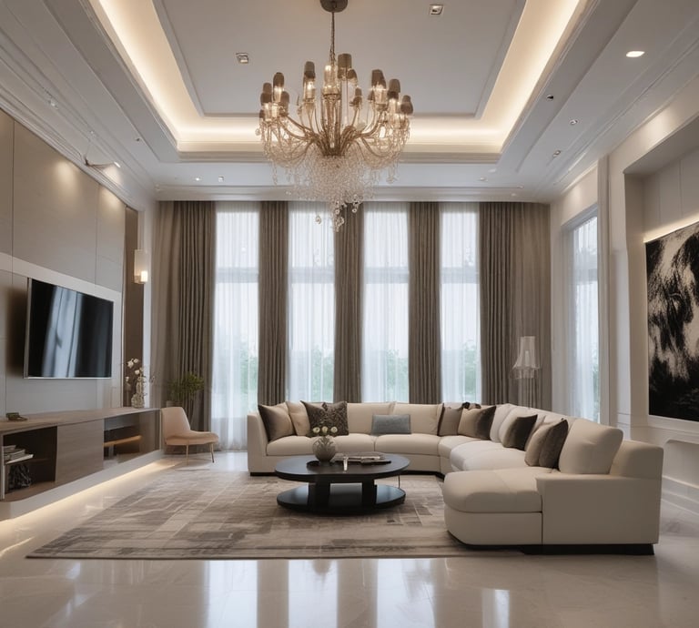 A sleek, modern construction site with clean lines and navy-blue accents under a clear sky.