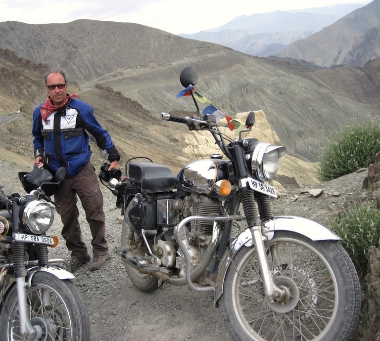 Diego Escriva de Romani leading a motorcycle tour high in the Himalayas