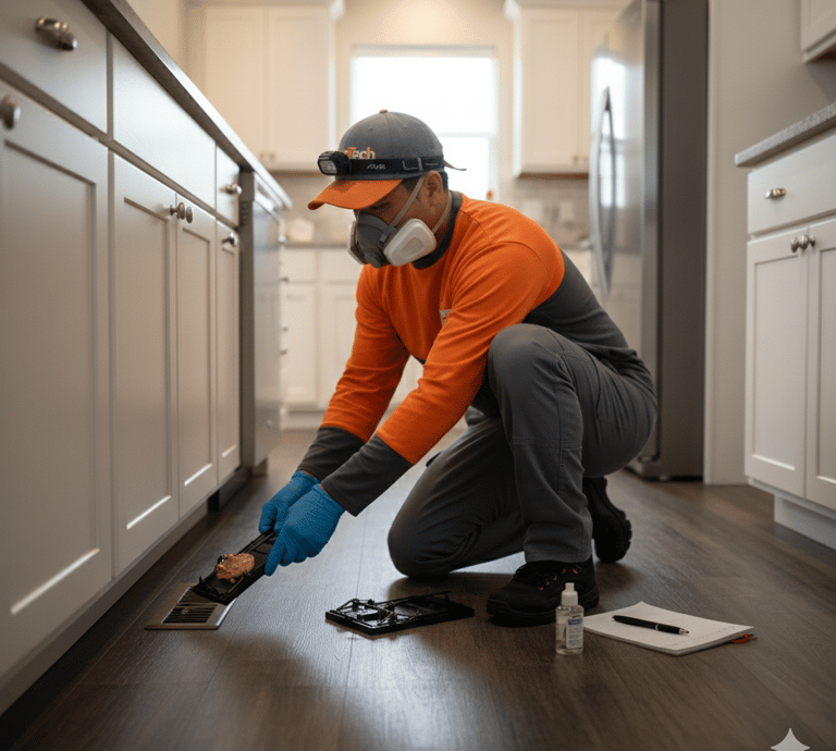 Professional exterminator in protective gear inspecting a kitchen floor vent for pest control.