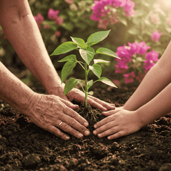 Manos mayores y jóvenes plantando juntas un brote verde en tierra oscura y fértil.