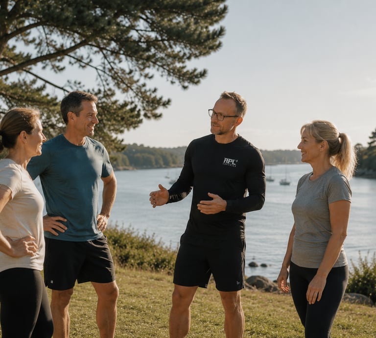 Coach sportif RPL+ donnant les consignes à ses clients au bord du Golfe du Morbihan à Sarzeau en Bretagne