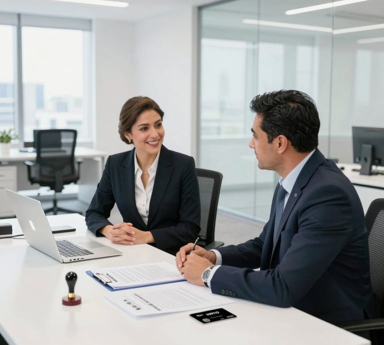A friendly consultant assisting a small business owner with branding materials in a bright office.